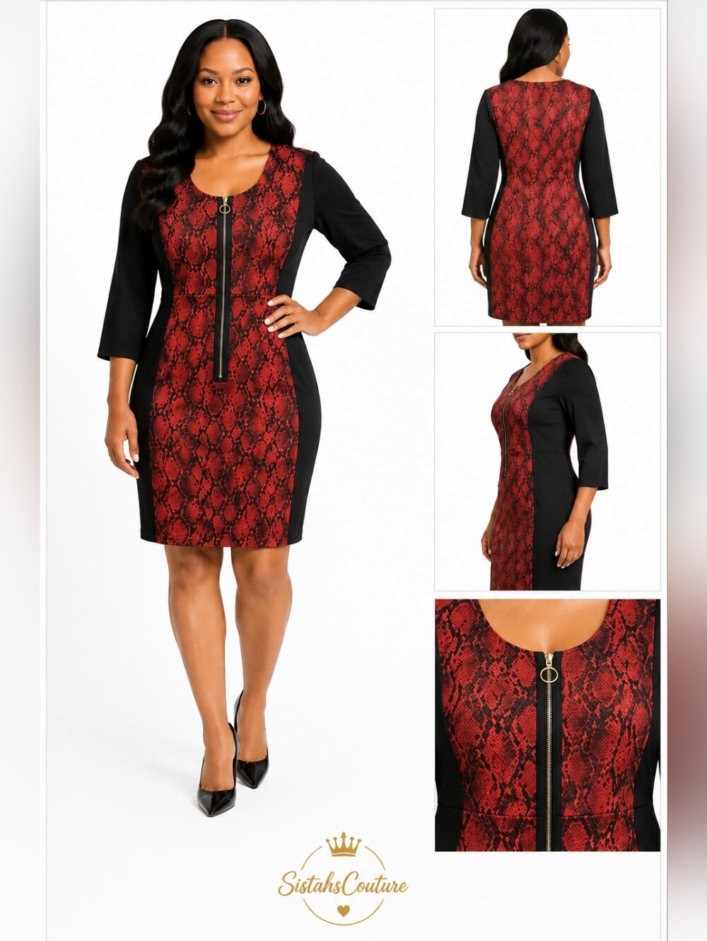 Radzoli Red & Black Snakeskin Print Panel Dress | Zip Front Career & Date Night